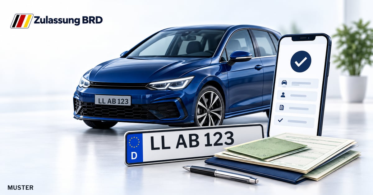 Online Fahrzeugzulassung in Landsberg am Lech: Musterkennzeichen LL AB 123, Auto und Fahrzeugpapiere und Smartphone. Illustration mit Logo von Zulassung BRD.
